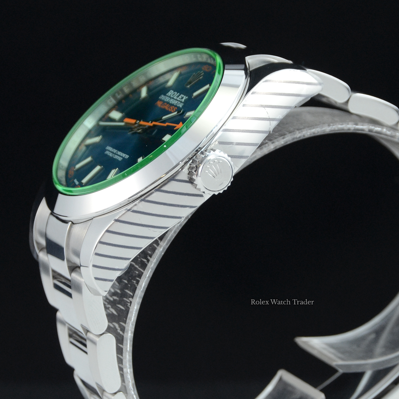 Crown detail Rolex Milgauss 116400GV Blue Dial Serviced by Rolex Unworn with Service Stickers For Sale Available Purchase Buy Online with Part Exchange or Direct Sale Manchester North West England UK Great Britain Buy Today Free Next Day Delivery Warranty Luxury Watch Watches