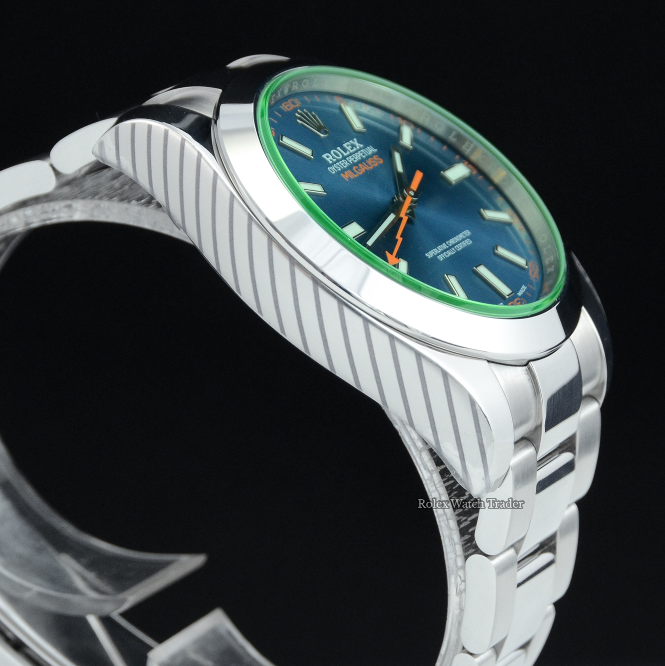 Non-winder case side detail Rolex Milgauss 116400GV Blue Dial Serviced by Rolex Unworn with Service Stickers For Sale Available Purchase Buy Online with Part Exchange or Direct Sale Manchester North West England UK Great Britain Buy Today Free Next Day Delivery Warranty Luxury Watch Watches