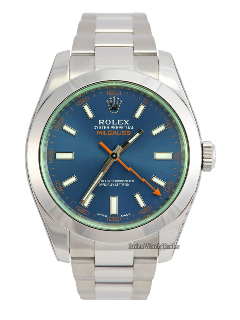 Rolex Milgauss 116400GV Blue Dial Serviced by Rolex Unworn with Service Stickers For Sale Available Purchase Buy Online with Part Exchange or Direct Sale Manchester North West England UK Great Britain Buy Today Free Next Day Delivery Warranty Luxury Watch Watches