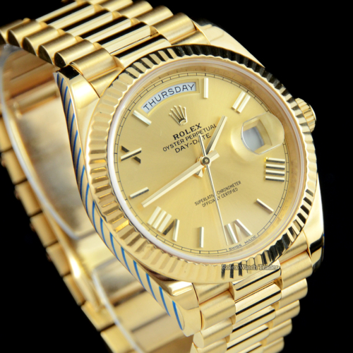 Rolex Day-Date 40 Serviced by Rolex Service Stickers Unworn Since 228238 Champagne Roman Numeral For Sale Available Purchase Buy Online with Part Exchange or Direct Sale Manchester North West England UK Great Britain Buy Today Free Next Day Delivery Warranty Luxury Watch Watches
