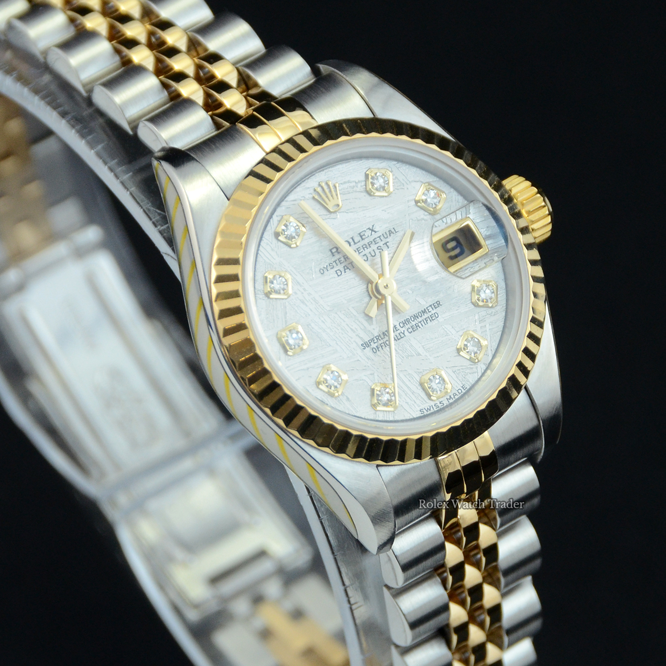 Dial detail, facing right Rolex Lady-Datejust 79173 26mm Metorite Diamond Dot Dial Serviced by Rolex Unworn Since For Sale Available Purchase Buy Online with Part Exchange or Direct Sale Manchester North West England UK Great Britain Buy Today Free Next Day Delivery Warranty Luxury Watch Watches