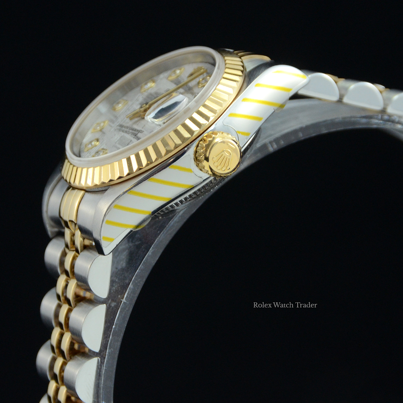 Crown detail Rolex Lady-Datejust 79173 26mm Metorite Diamond Dot Dial Serviced by Rolex Unworn Since For Sale Available Purchase Buy Online with Part Exchange or Direct Sale Manchester North West England UK Great Britain Buy Today Free Next Day Delivery Warranty Luxury Watch Watches