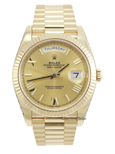 Rolex Day-Date 40 Serviced by Rolex Service Stickers Unworn Since 228238 Champagne Roman Numeral For Sale Available Purchase Buy Online with Part Exchange or Direct Sale Manchester North West England UK Great Britain Buy Today Free Next Day Delivery Warranty Luxury Watch Watches