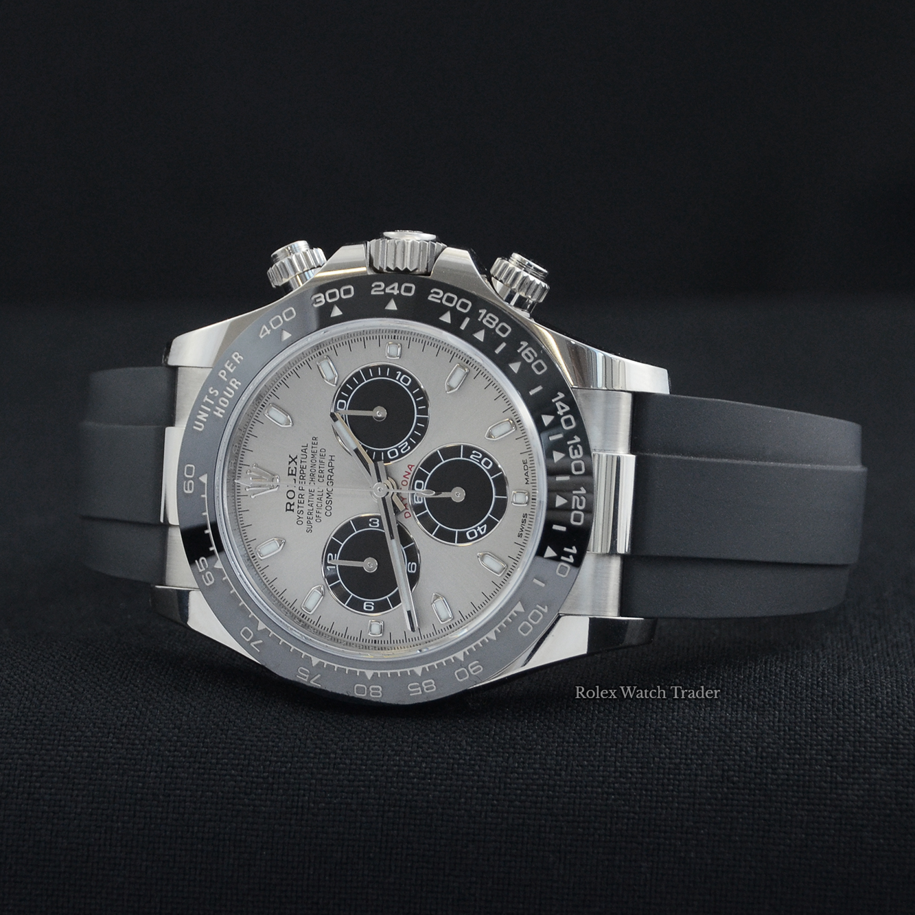 Overview of the watch resting on its case side Rolex Daytona 116519LN "Ghost" 2021 | Immediate Dispatch or Collection For Sale Available Purchase Buy Online with Part Exchange or Direct Sale Manchester North West England UK Great Britain Buy Today Free Next Day Delivery Warranty Luxury Watch Watches
