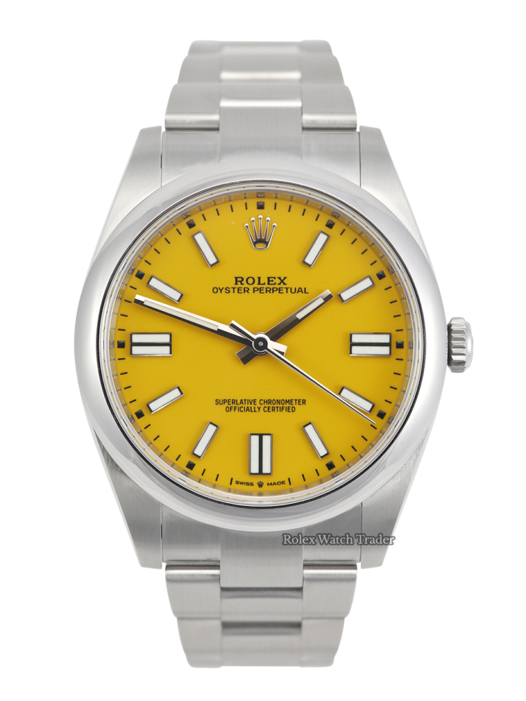 Rolex Oyster Perpetual 41 124300 Yellow Dial | Unworn Complete with Original Till Receipt 2021 For Sale Available Purchase Buy Online with Part Exchange or Direct Sale Manchester North West England UK Great Britain Buy Today Free Next Day Delivery Warranty Luxury Watch Watches