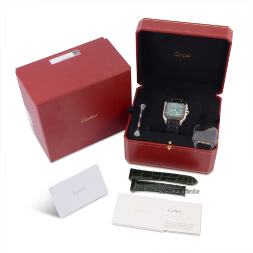 Cartier Santos WSSA0055 | Middle East Edition | 2025 Full Set | Green Leather Alligator Strap For Sale Available Purchase Buy Online with Part Exchange or Direct Sale Manchester North West England UK Great Britain Buy Today Free Next Day Delivery Warranty Luxury Watch Watches